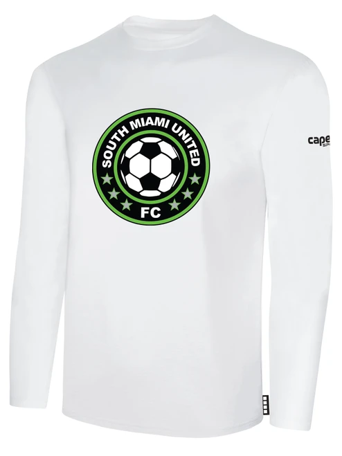 SOUTH MIAMI UNITED FC BASICS LONG SLEEVE COTTON T-SHIRT CREST ON WEARERS CENTER CHEST WHITE BLACK