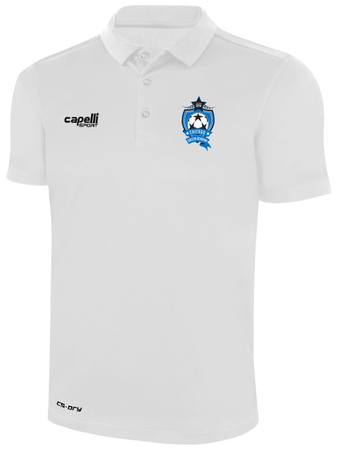 CHICAGO SOCCER ACADEMY  CLASSIC POLY POLO CREST ON WEARER'S LEFT CHEST WHITE BLACK