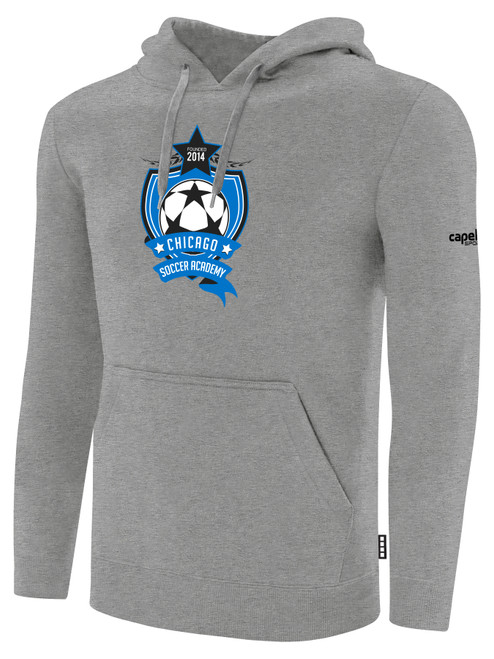CHICAGO SOCCER ACADEMY  BASICS FLEECE PULLOVER HOODIE CREST ON WEARER'S CENTER CHEST LIGHT HEATHER GREY BLACK