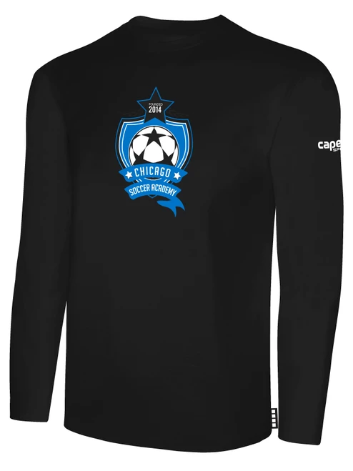 CHICAGO SOCCER ACADEMY  BASICS COTTON LONG SLEEVE T-SHIRT CREST ON WEARER'S CENTER CHEST BLACK WHITE