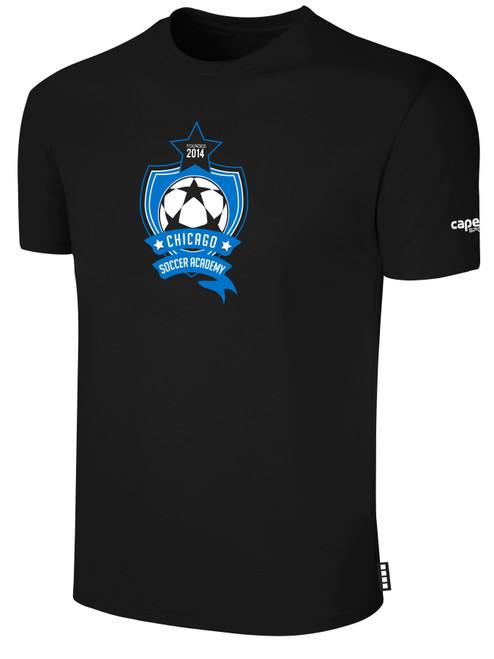 CHICAGO SOCCER ACADEMY  BASICS COTTON SHORT SLEEVE T-SHIRT CREST ON WEARER'S CENTER CHEST BLACK WHITE