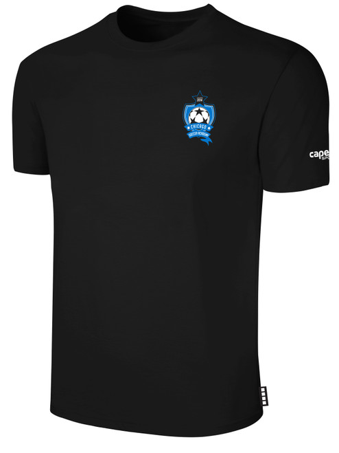 CHICAGO SOCCER ACADEMY  BASICS COTTON SHORT SLEEVE T-SHIRT CREST ON WEARER'S LEFT CHEST BLACK WHITE