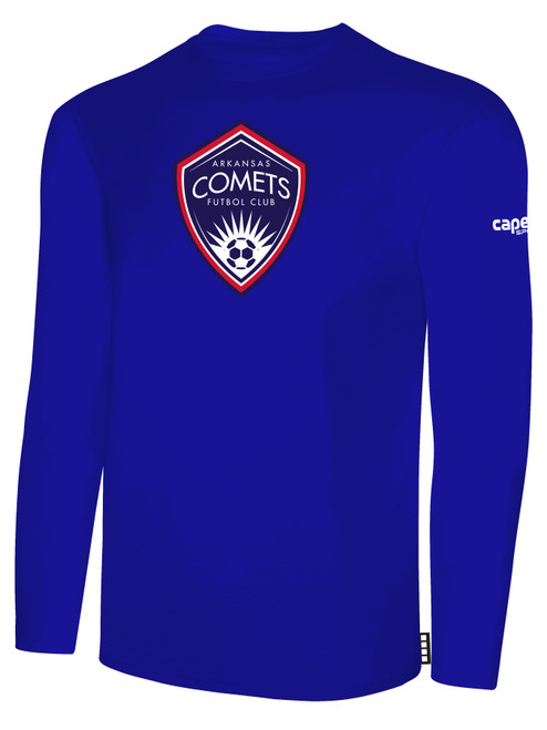 ARKANSAS COMETS BASICS LONG SLEEVE COTTON T-SHIRT CREST ON WEARERS CENTER CHEST ROYAL BLUE WHITE