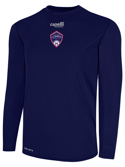 ARKANSAS COMETS BASICS CREW NECK LONG SLEEVE POLY TEE CREST ON WEARER'S CENTER CHEST NAVY