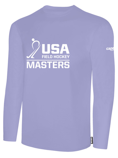 USA FIELD HOCKEY BASICS LONG SLEEVE COTTON TEE CREST ON WEARERS CENTER CHEST LAVENDER WHITE