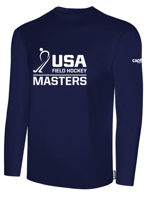 USA FIELD HOCKEY BASICS LONG SLEEVE COTTON TEE CREST ON WEARERS CENTER CHEST NAVY WHITE
