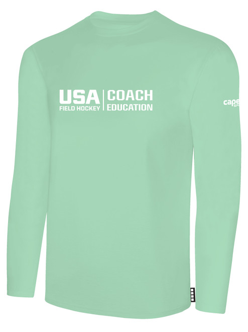 USA FIELD HOCKEY COACH EDUCATION  BASICS LONG SLEEVE COTTON TEE CREST ON WEARERS CENTER CHEST MINT WHITE