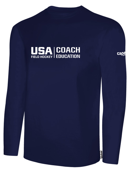 USA FIELD HOCKEY COACH EDUCATION  BASICS LONG SLEEVE COTTON TEE CREST ON WEARERS CENTER CHEST NAVY WHITE