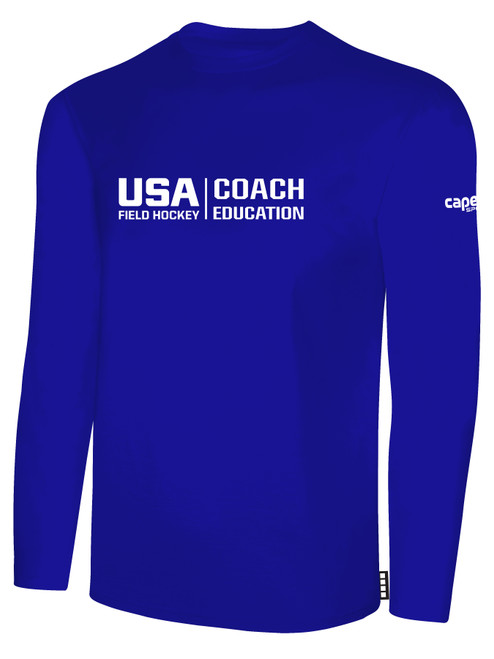 USA FIELD HOCKEY COACH EDUCATION  BASICS LONG SLEEVE COTTON TEE CREST ON WEARERS CENTER CHEST ROYAL BLUE WHITE