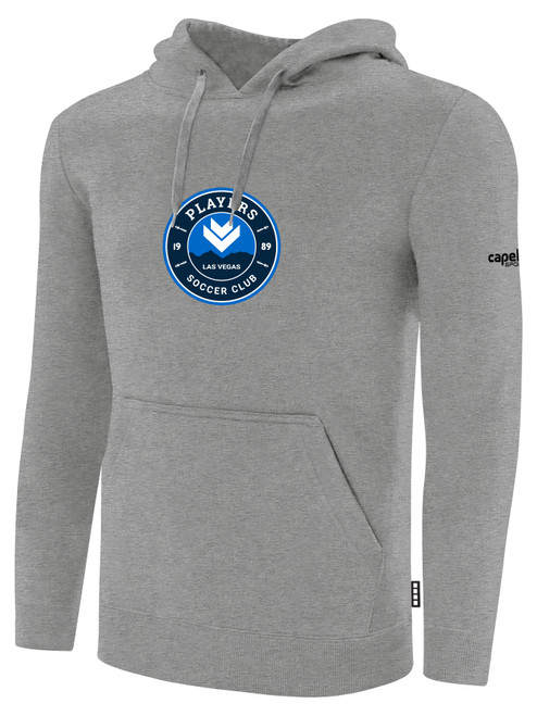 PLAYERS SC  BASICS FLEECE PULLOVER HOODIE CREST ON WEARER'S CENTER CHEST LIGHT HEATHER GREY BLACK