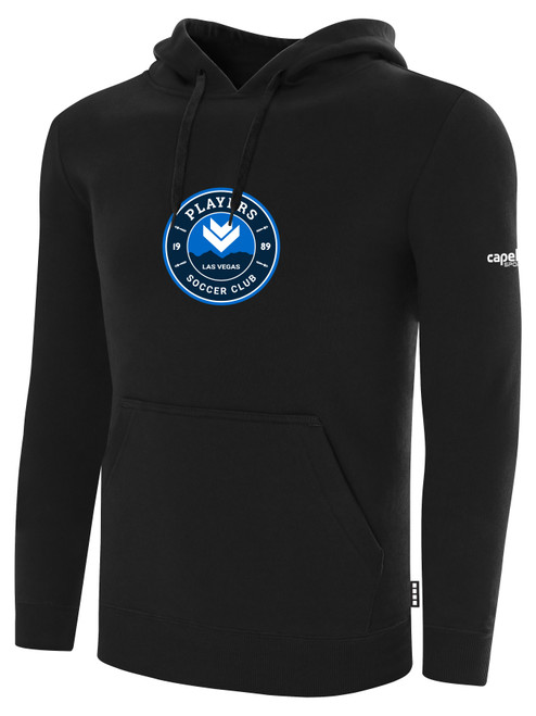 PLAYERS SC  BASICS FLEECE PULLOVER HOODIE CREST ON WEARER'S CENTER CHEST BLACK WHITE
