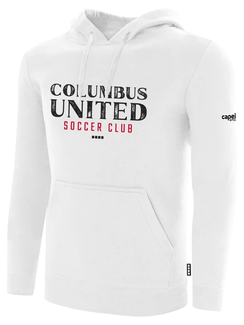 COLUMBUS UNITED FC  FLEECE PULLOVER HOODIE SA PREMIER CREST ON WEARERS CENTER CHEST WHITE BLACK