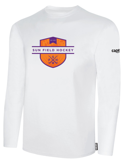 SUN FIELD HOCKEY BASICS LONG SLEEVE COTTON T-SHIRT CREST ON WEARERS CENTER CHEST WHITE BLACK