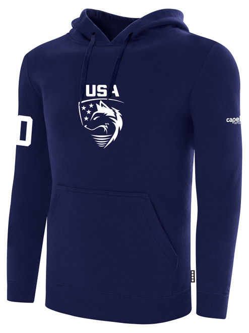 USA FIELD  HOCKEY BASICS FLEECE PULLOVER HOODIE USA WOLF CREST CENTER CHEST NAVY WHITE