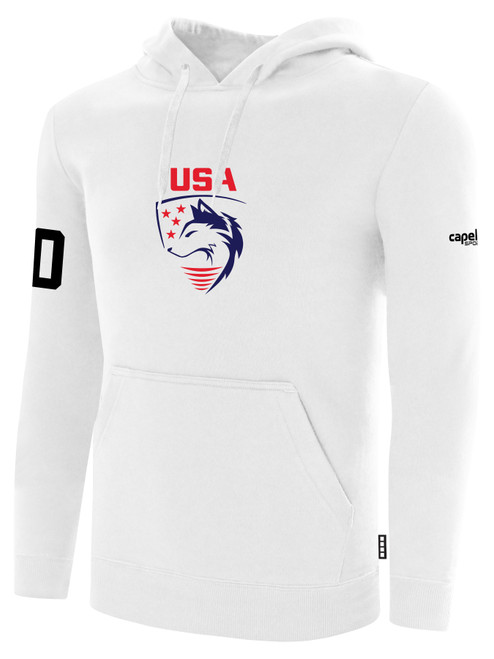 USA FIELD  HOCKEY BASICS FLEECE PULLOVER HOODIE USA WOLF CREST CENTER CHEST WHITE BLACK
