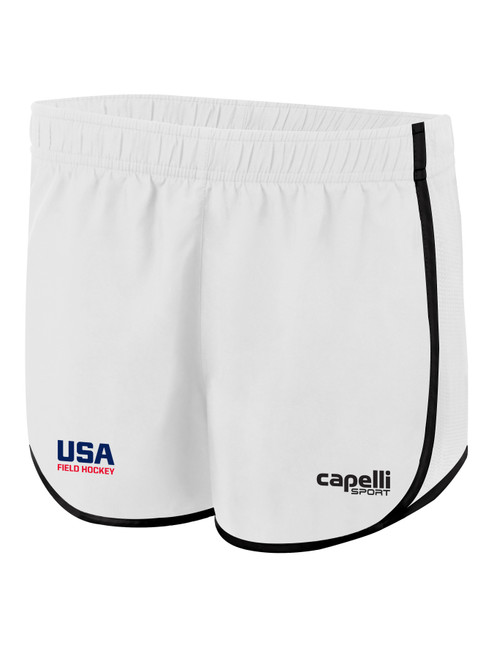 USA FIELD  HOCKEY BASIC II TONE RUNNING SHORTS USAFH CREST TEXT LOGO ON WEARERS RIGHT LEG WHITE BLACK