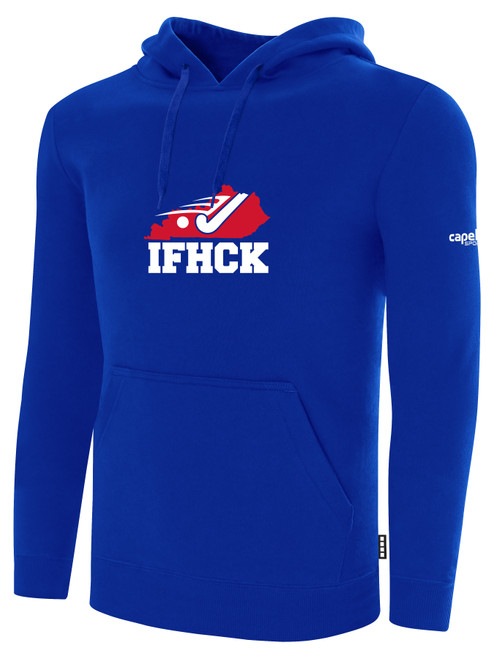 IFHCK FIELD HOCKEY BASICS FLEECE PULLOVER HOODIE CREST ON WEARERS CENTER CHEST ROYAL BLUE WHITE