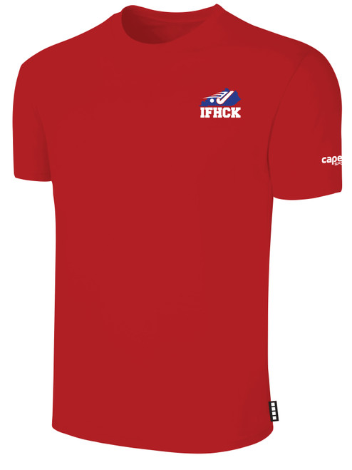IFHCK FIELD HOCKEY BASICS SHORT SLEEVE COTTON T-SHIRT CREST ON WEARERS LEFT CHEST RED WHITE