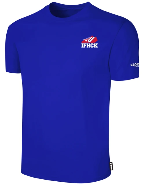 IFHCK FIELD HOCKEY BASICS SHORT SLEEVE COTTON T-SHIRT CREST ON WEARERS LEFT CHEST ROYAL BLUE WHITE