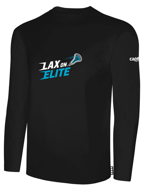 LAX ON ELITE BASICS LONG SLEEVE COTTON T-SHIRT CREST ON WEARERS CENTER CHEST BLACK WHITE