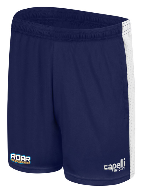 ROAR LACROSSE WOMEN'S BASIC I TRAINING SHORTS LOGO ON WEARERS RIGHT LEG NAVY WHITE
