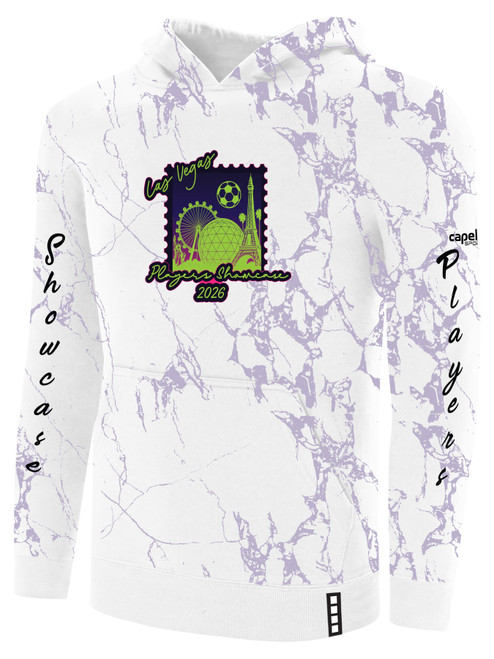 PLAYERS SC MERCH  LIFESTYLE MARBLE FLEECE PULLOVER HOODIE WITH SLEEVE LOGO LARGE CREST  CENTER CHEST WHITE SOFT LAVENDER