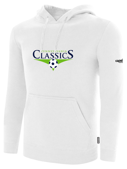 PA CLASSICS LANCASTER AND READING BASICS FLEECE PULLOVER HOODIE CREST ON WEARER'S CENTER CHEST WHITE BLACK