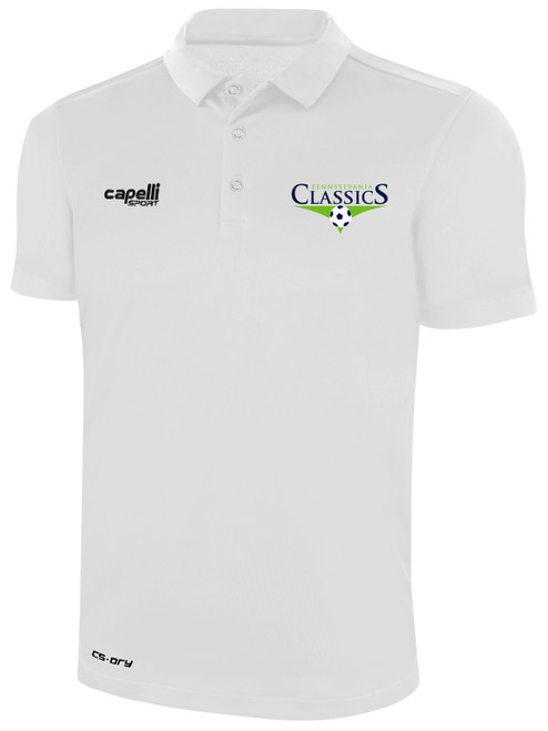 PA CLASSICS LANCASTER AND READING CLASSICS POLY POLO CREST ON WEARERS LEFT CHEST WHITE BLACK