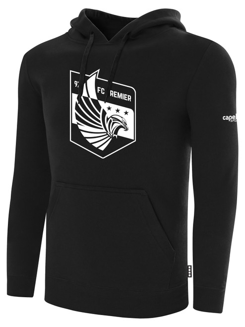 FC PREMIER BASICS FLEECE HOODIE CREST ON WEARER'S CENTER CHEST BLACK WHITE