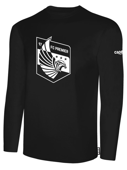 FC PREMIER BASICS LONG SLEEVE TEE SHIRT LARGE CREST ON CENTER CHEST BLACK WHITE