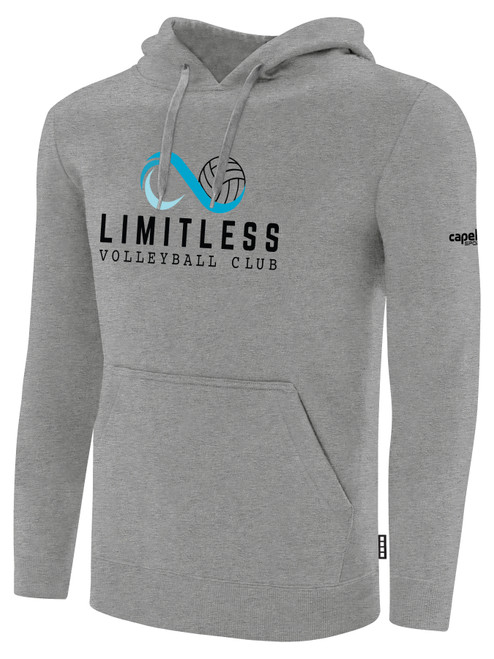 LIMITLESS VOLLEYBALL  BASICS FLEECE PULLOVER HOODIE TEE TEAM CREST ON WEARERS CENTER CHEST LIGHT HEATHER GREY BLACK