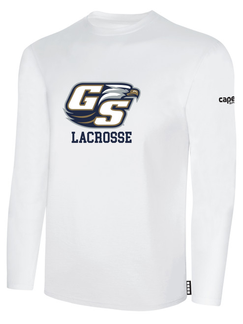GSU LACROSSE BASICS LONG SLEEVE TEE SHIRT TEAM CREST ON WEARERS CENTER CHEST WHITE BLACK