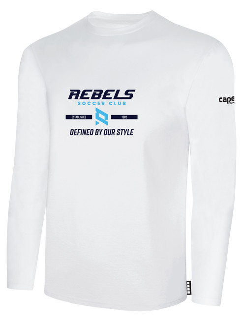 REBELS SC  CHULA VISTA BASICS LONG SLEEVE COTTON T-SHIRT REBELS SC TEXT LOGO CENTER CHEST WHITE BLACK