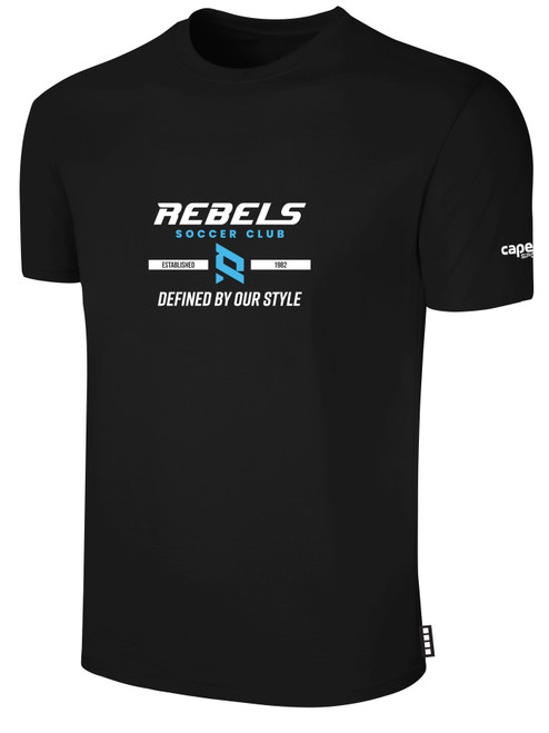 REBELS SC CHULA VISTA BASICS COTTON T-SHIRT REBELS SC TEXT LOGO CENTER CHEST BLACK WHITE