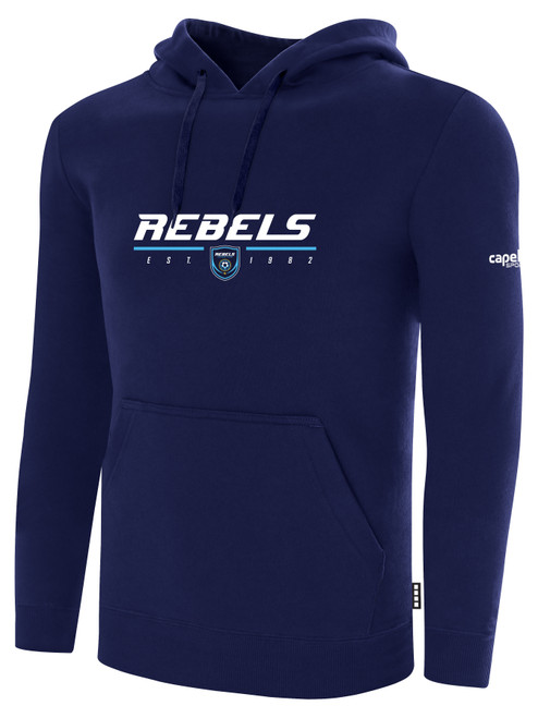 REBELS SC CHULA VISTA BASICS FLEECE PULLOVER HOODIE REBELS SC TEXT LOGO CENTER CHEST NAVY WHITE