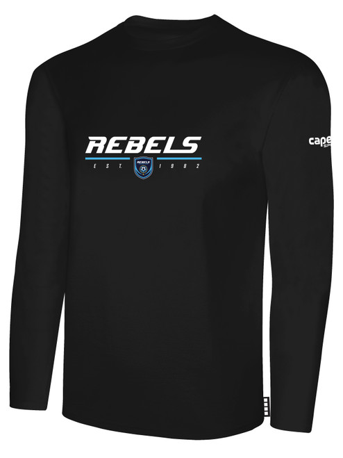 REBELS SC CHULA VISTA BASICS LONG SLEEVE COTTON T-SHIRT REBELS SC TEXT LOGO CENTER CHEST BLACK WHITE