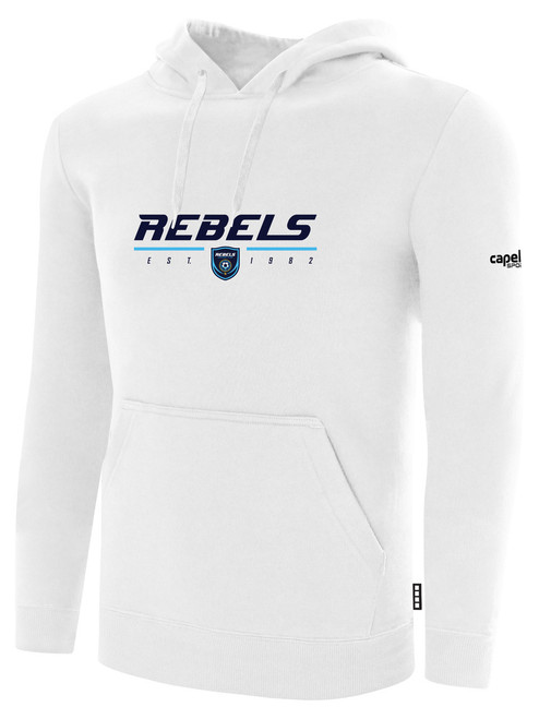 REBELS  SC EAST COUNTY BASICS FLEECE PULLOVER HOODIE REBELS SC TEXT LOGO CENTER CHEST WHITE BLACK