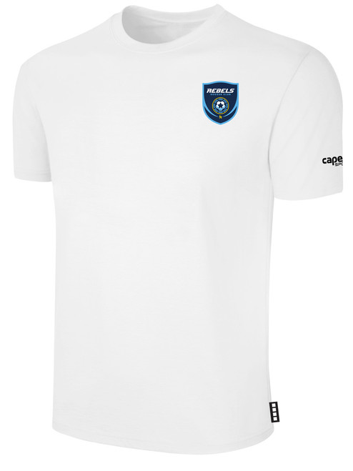 REBELS SC EAST COUNTY BASICS COTTON T-SHIRT CREST ON WEARERS LEFT CHEST WHITE BLACK