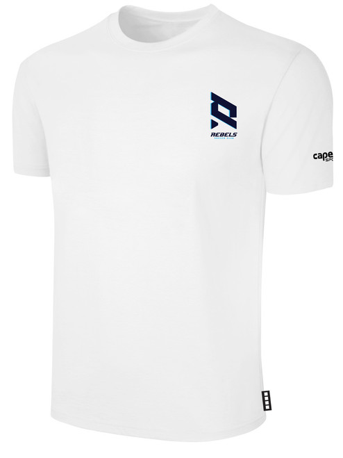 REBELS  SC  CENTRAL SAN DIEGO BASICS COTTON T-SHIRT REBELS SC TEXT LOGO LEFT CHEST WHITE BLACK