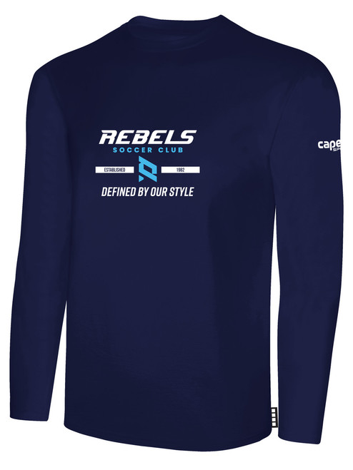 REBELS SC CENTRAL SAN DIEGO BASICS LONG SLEEVE COTTON T-SHIRT REBELS SC TEXT LOGO CENTER CHEST NAVY WHITE