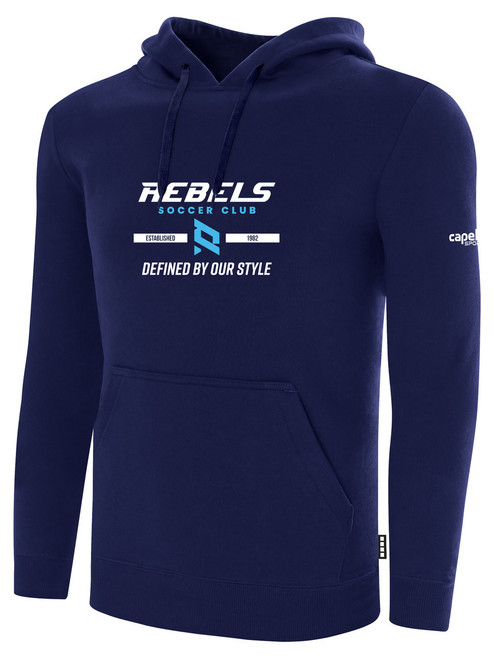 REBELS SC CARLSBAD BASICS FLEECE PULLOVER HOODIE REBELS SC TEXT LOGO CENTER CHEST NAVY WHITE