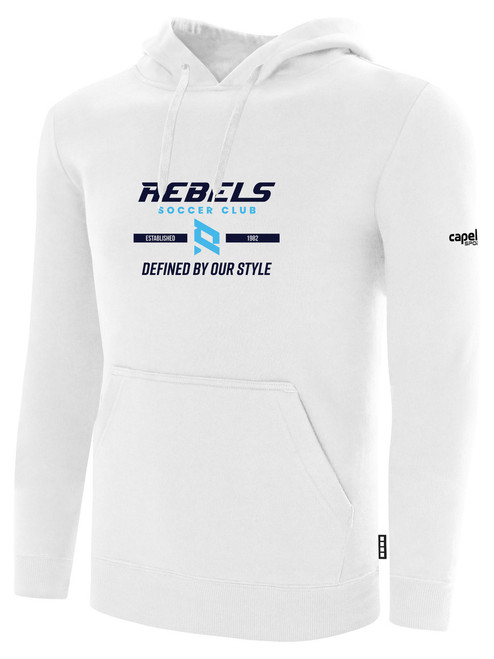 REBELS SC CARLSBAD BASICS FLEECE PULLOVER HOODIE REBELS SC TEXT LOGO CENTER CHEST WHITE BLACK