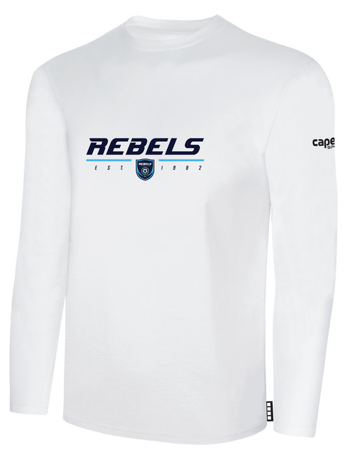 REBELS  SC CARLSBAD BASICS LONG SLEEVE COTTON T-SHIRT REBELS SC TEXT LOGO CENTER CHEST WHITE BLACK