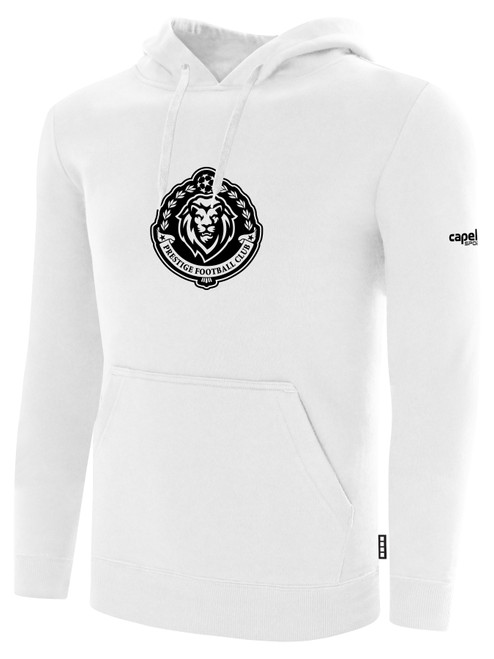 PRESTIGE FC BASICS FLEECE PULLOVER HOODIE CREST ON WEARERS CENTER CHEST WHITE BLACK