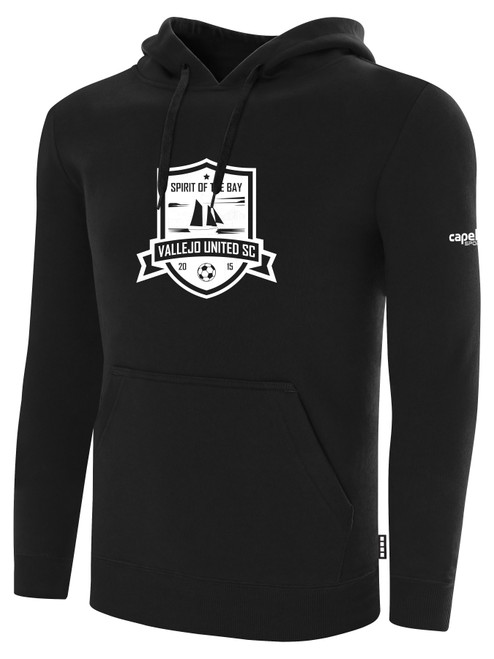 VALLEJO UNITED SC BASICS FLEECE PULLOVER HOODIE TEAM CREST ON WEARERS CENTER CHEST BLACK WHITE