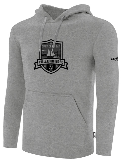 VALLEJO UNITED SC BASICS FLEECE PULLOVER HOODIE TEAM CREST ON WEARERS CENTER CHEST LIGHT HEATHER GREY BLACK