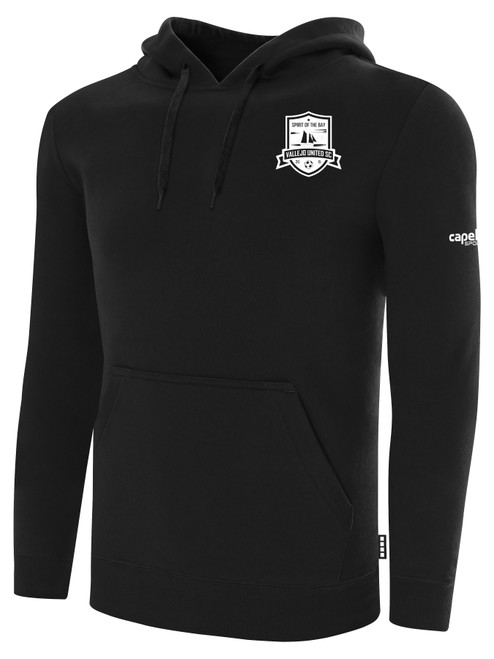 VALLEJO UNITED SC BASICS FLEECE PULLOVER HOODIE TEAM CREST ON WEARERS LEFT CHEST BLACK WHITE