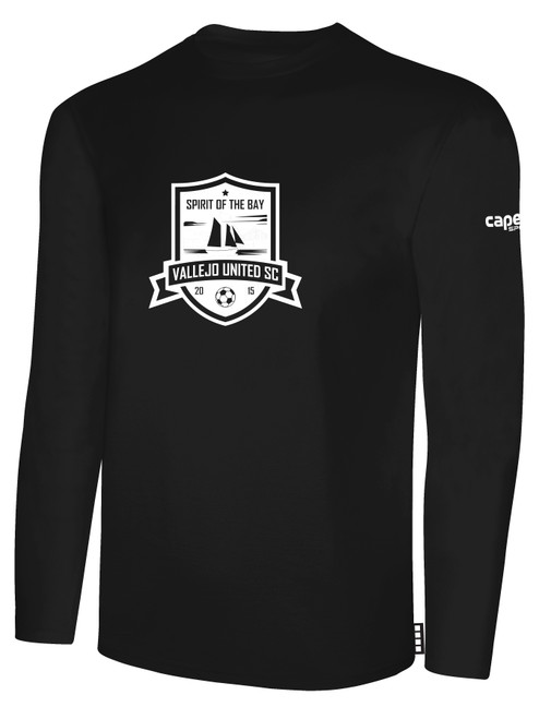 VALLEJO UNITED SC BASICS LONG SLEEVE COTTON TEE TEAM CREST ON WEARERS CENTER CHEST BLACK WHITE