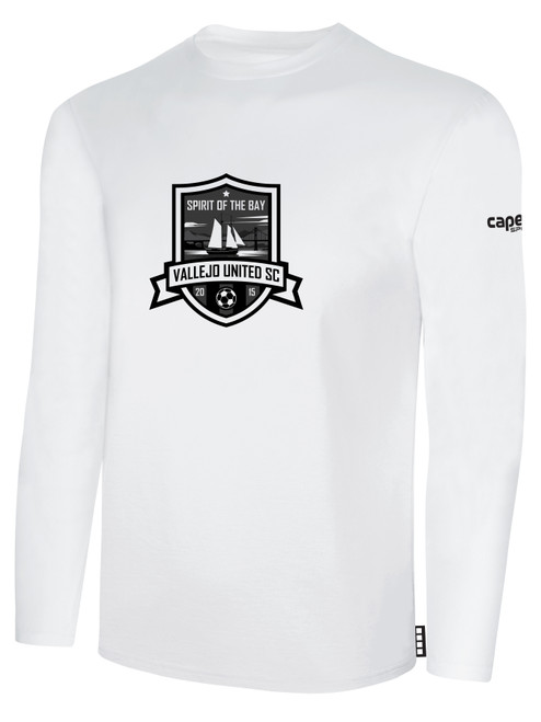 VALLEJO UNITED SC BASICS LONG SLEEVE COTTON TEE TEAM CREST ON WEARERS CENTER CHEST WHITE BLACK