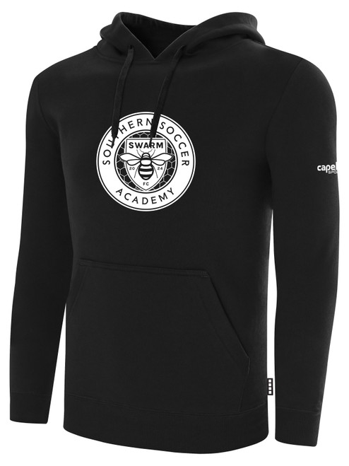 SOUTHERN SOCCER ACADEMY BASICS FLEECE PULLOVER HOODIE TEAM CREST ON WEARERS CENTER CHEST BLACK WHITE